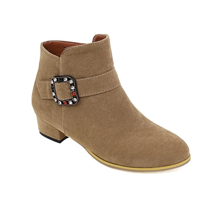 Flock Round Toe Side Zippers Rhinestone Buckle Straps Block Chunky Heel Short Boots for Women