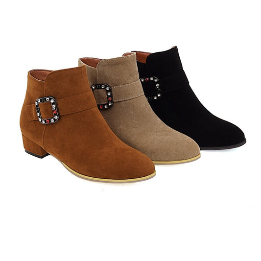 Flock Round Toe Side Zippers Rhinestone Buckle Straps Block Chunky Heel Short Boots for Women