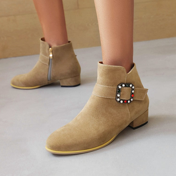 Flock Round Toe Side Zippers Rhinestone Buckle Straps Block Chunky Heel Short Boots for Women