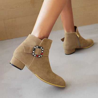 Flock Round Toe Side Zippers Rhinestone Buckle Straps Block Chunky Heel Short Boots for Women