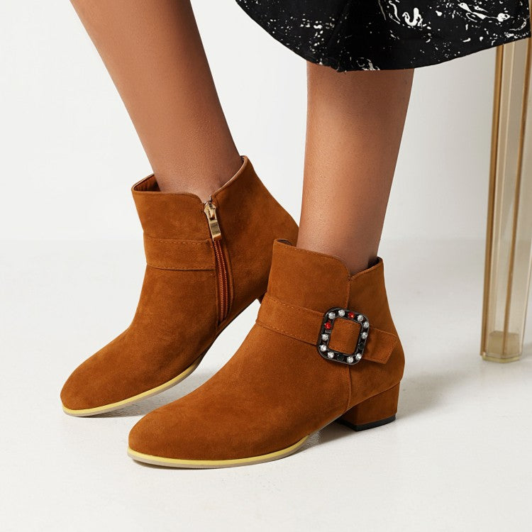 Flock Round Toe Side Zippers Rhinestone Buckle Straps Block Chunky Heel Short Boots for Women