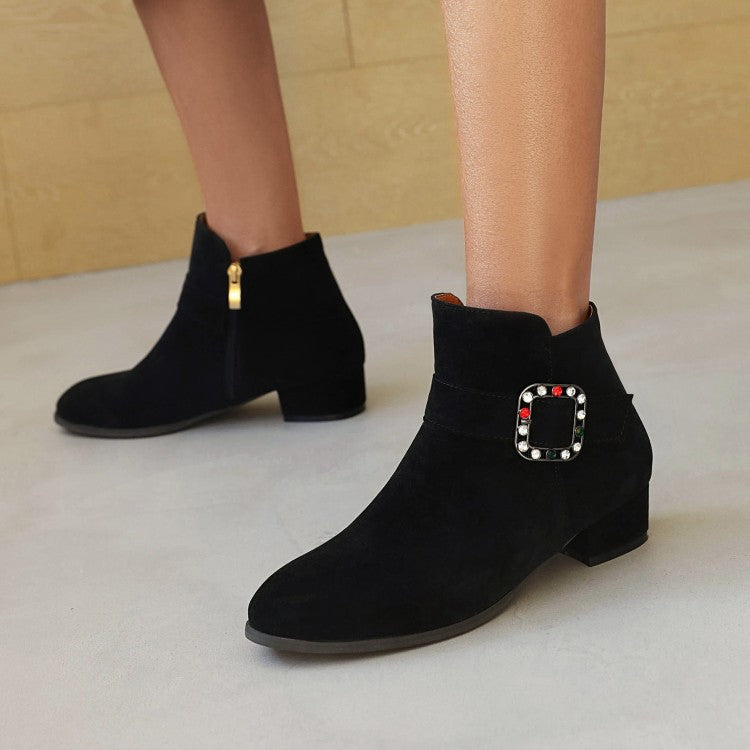 Flock Round Toe Side Zippers Rhinestone Buckle Straps Block Chunky Heel Short Boots for Women