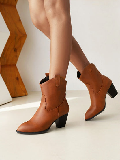 Pu Leather Pointed Toe Stitch Block Chunky Heel Ankle Boots for Women