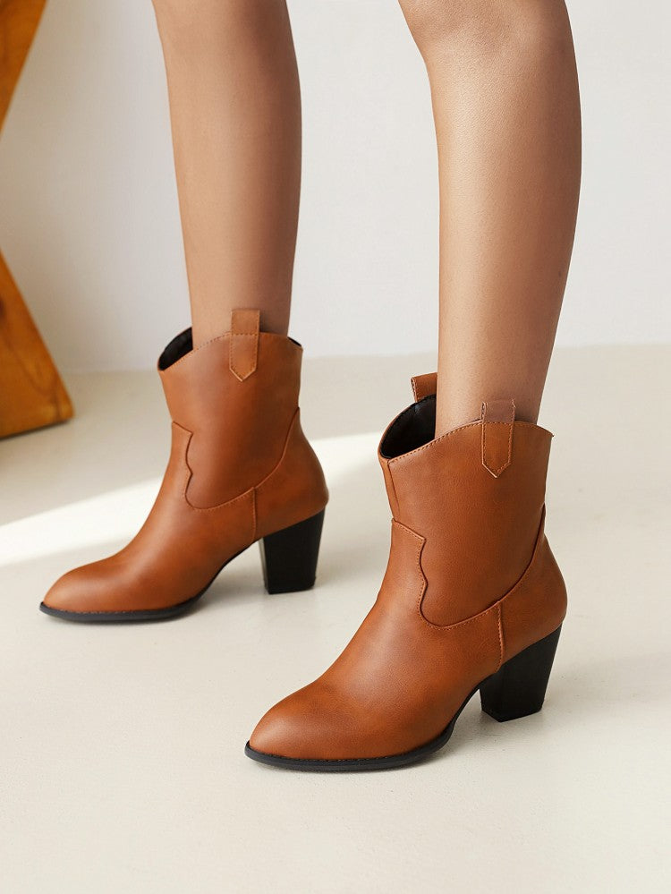 Pu Leather Pointed Toe Stitch Block Chunky Heel Ankle Boots for Women