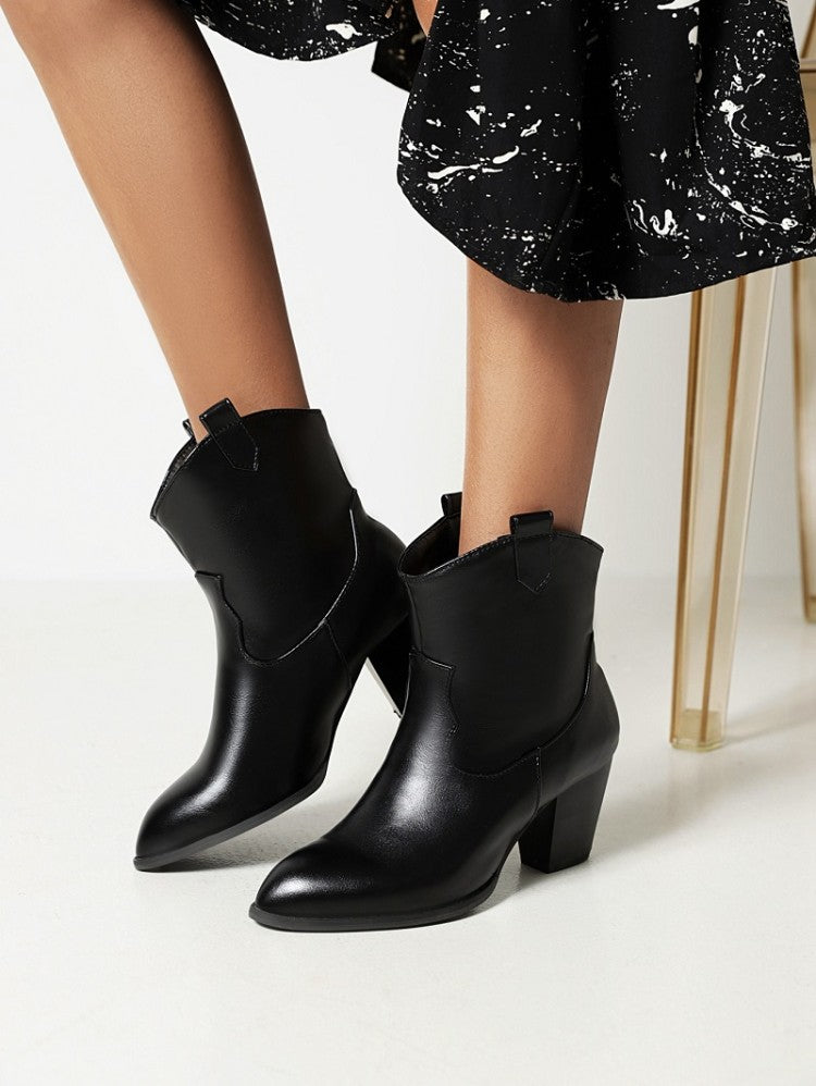 Pu Leather Pointed Toe Stitch Block Chunky Heel Ankle Boots for Women