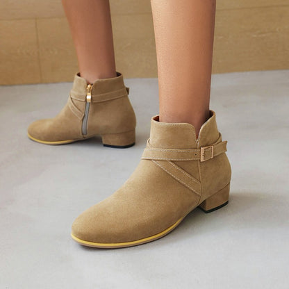 Flock Side Zippers Crossed Buckle Straps Block Chunky Heel Short Boots for Women