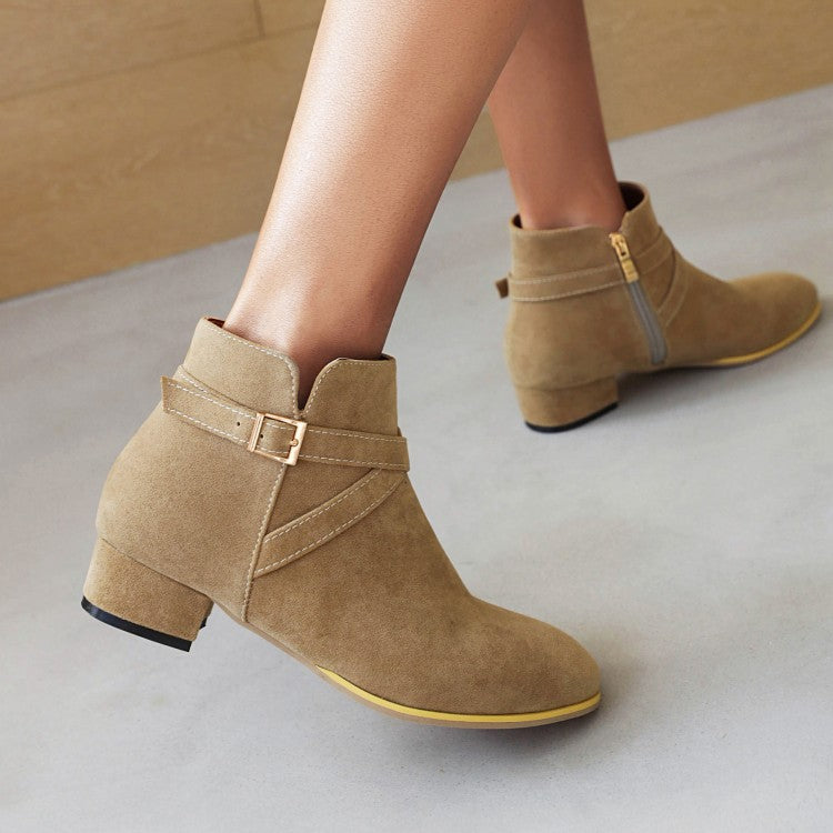 Flock Side Zippers Crossed Buckle Straps Block Chunky Heel Short Boots for Women