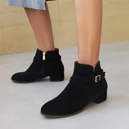 Flock Side Zippers Crossed Buckle Straps Block Chunky Heel Short Boots for Women