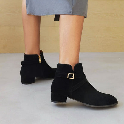 Flock Side Zippers Crossed Buckle Straps Block Chunky Heel Short Boots for Women