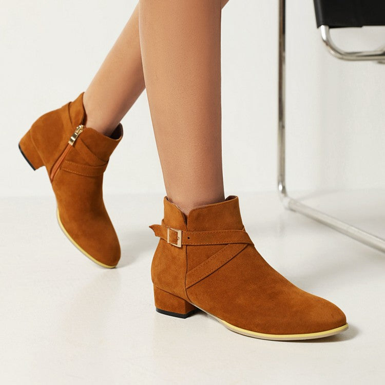 Flock Side Zippers Crossed Buckle Straps Block Chunky Heel Short Boots for Women