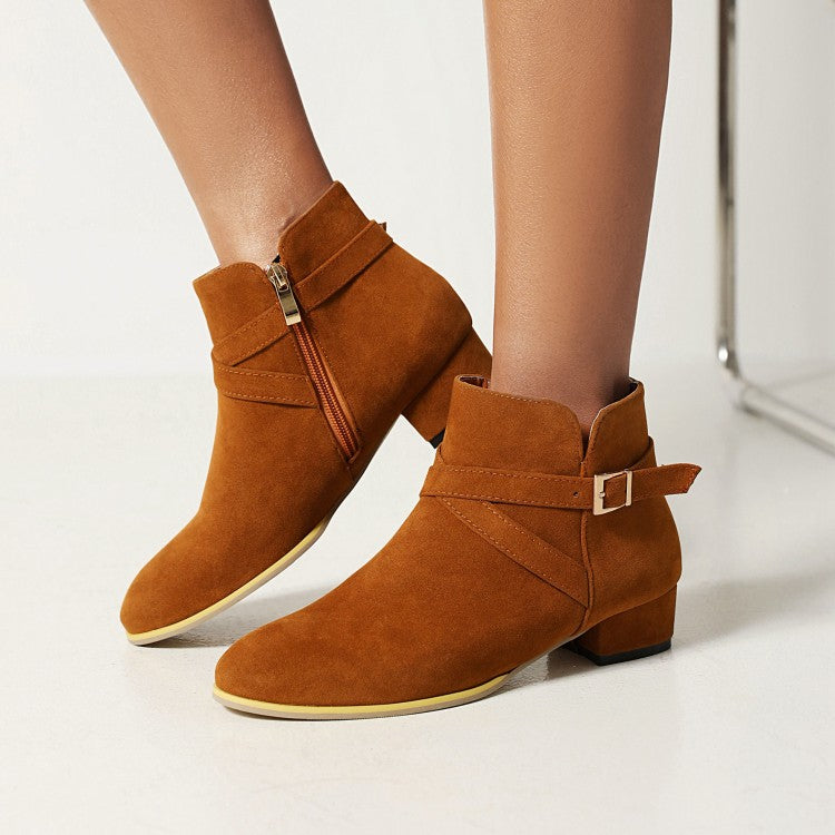 Flock Side Zippers Crossed Buckle Straps Block Chunky Heel Short Boots for Women