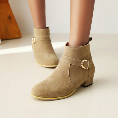 Flock Round Toe Side Zippers Buckle Straps Block Chunky Heel Short Boots for Women