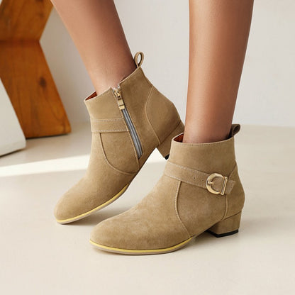 Flock Round Toe Side Zippers Buckle Straps Block Chunky Heel Short Boots for Women