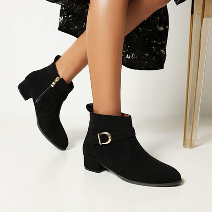 Flock Round Toe Side Zippers Buckle Straps Block Chunky Heel Short Boots for Women