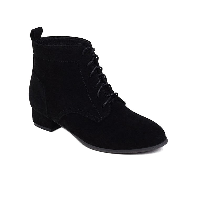 Flock Round Toe Lace Up Block Chunky Heel Short Boots for Women