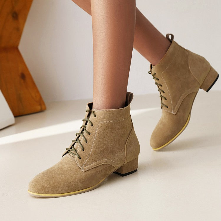 Flock Round Toe Lace Up Block Chunky Heel Short Boots for Women