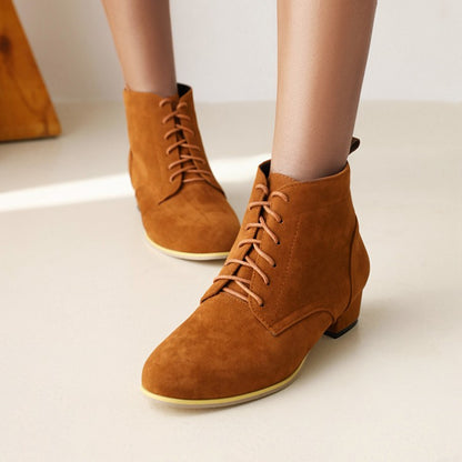 Flock Round Toe Lace Up Block Chunky Heel Short Boots for Women