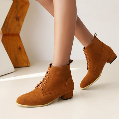 Flock Round Toe Lace Up Block Chunky Heel Short Boots for Women