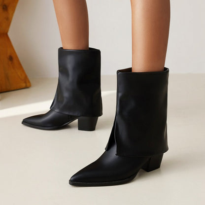 Pu Leather Pointed Toe Block Heel Short Boots for Women