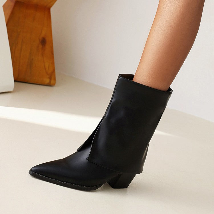 Pu Leather Pointed Toe Block Heel Short Boots for Women