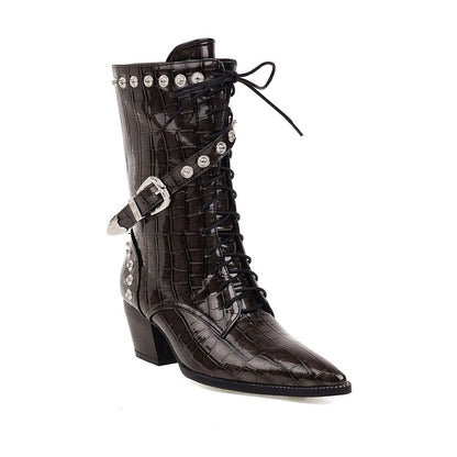 Women
 Crocodile Pattern Pointed Toe Buckles Belts Rivets Block Heel Mid Calf Boots for Women