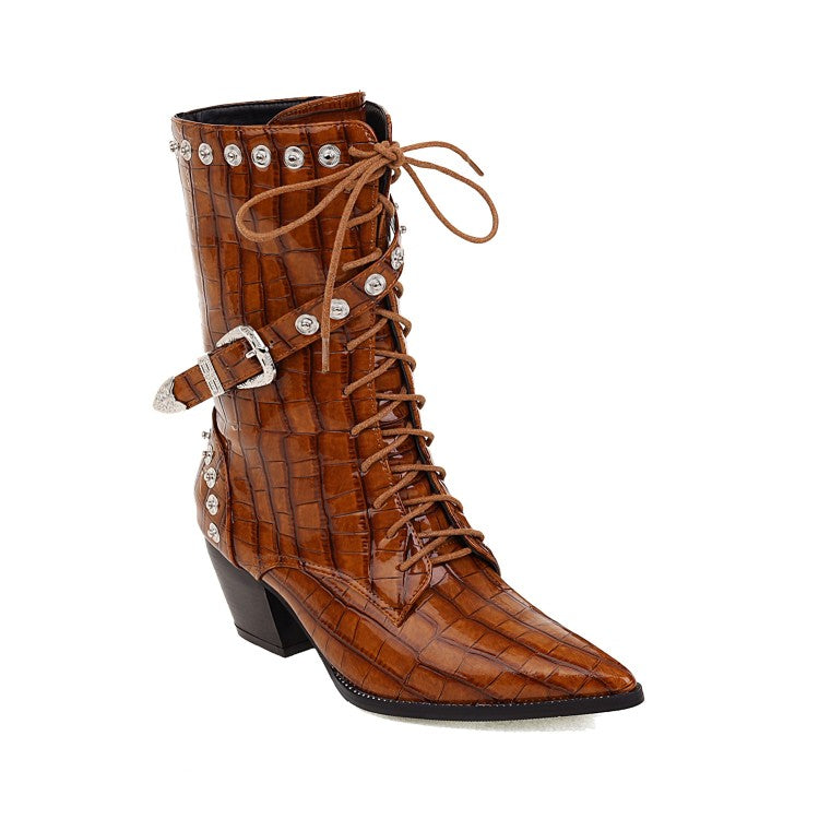 Women
 Crocodile Pattern Pointed Toe Buckles Belts Rivets Block Heel Mid Calf Boots for Women