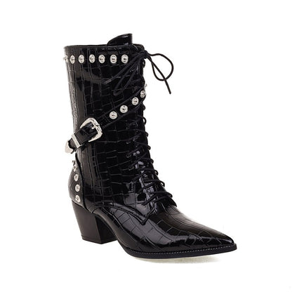 Women
 Crocodile Pattern Pointed Toe Buckles Belts Rivets Block Heel Mid Calf Boots for Women