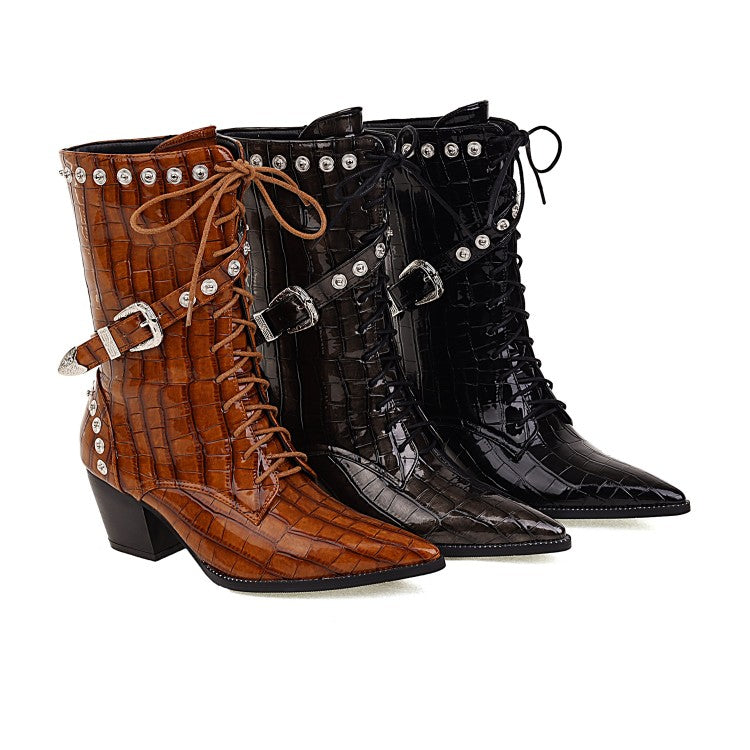 Women
 Crocodile Pattern Pointed Toe Buckles Belts Rivets Block Heel Mid Calf Boots for Women