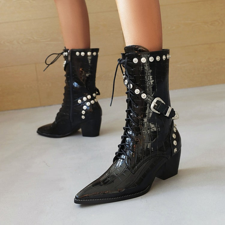 Women
 Crocodile Pattern Pointed Toe Buckles Belts Rivets Block Heel Mid Calf Boots for Women