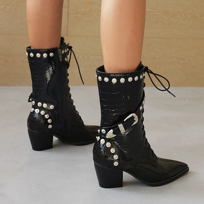 Women
 Crocodile Pattern Pointed Toe Buckles Belts Rivets Block Heel Mid Calf Boots for Women