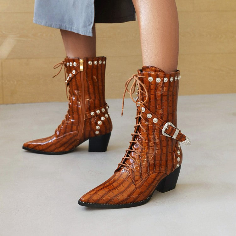 Women
 Crocodile Pattern Pointed Toe Buckles Belts Rivets Block Heel Mid Calf Boots for Women