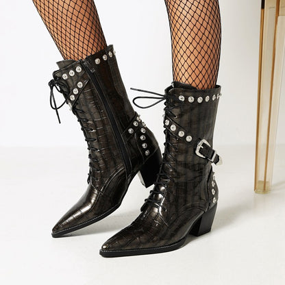 Women
 Crocodile Pattern Pointed Toe Buckles Belts Rivets Block Heel Mid Calf Boots for Women