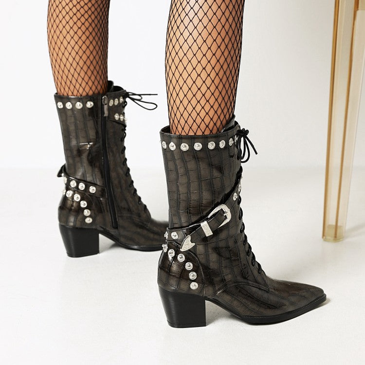 Women
 Crocodile Pattern Pointed Toe Buckles Belts Rivets Block Heel Mid Calf Boots for Women