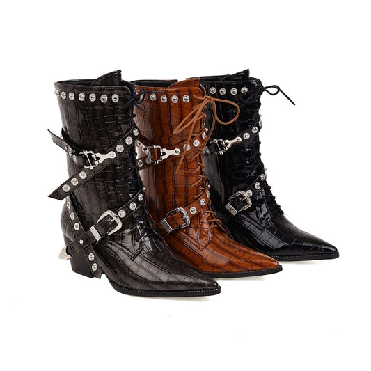 Women
 Crocodile Pattern Pointed Toe Belts Buckles Rivets Puppy Heel Mid Calf Boots for Women