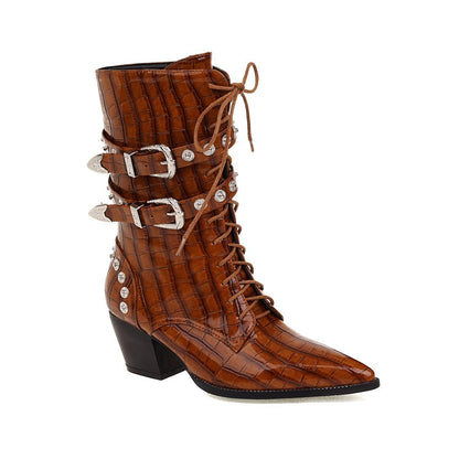 Crocodile Pattern Pointed Toe Rivets Block Heel Mid Calf Boots for Women