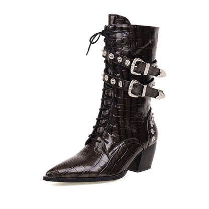 Crocodile Pattern Pointed Toe Rivets Block Heel Mid Calf Boots for Women