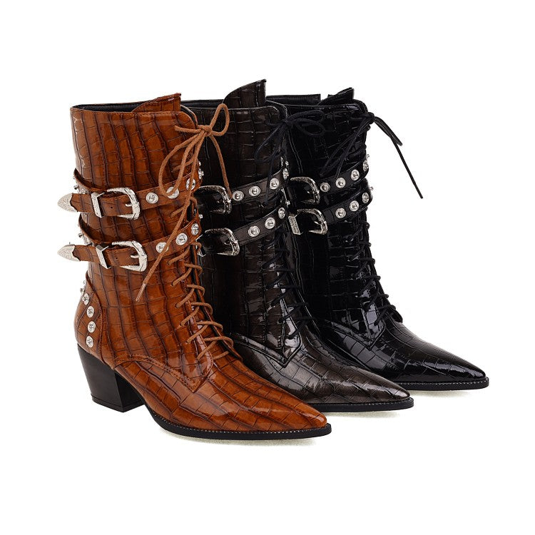 Crocodile Pattern Pointed Toe Rivets Block Heel Mid Calf Boots for Women