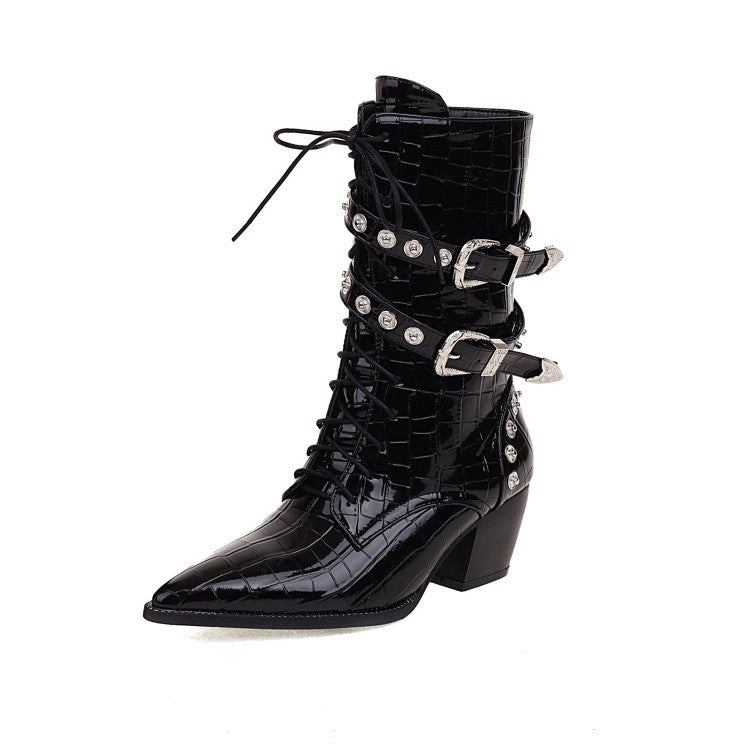 Crocodile Pattern Pointed Toe Rivets Block Heel Mid Calf Boots for Women