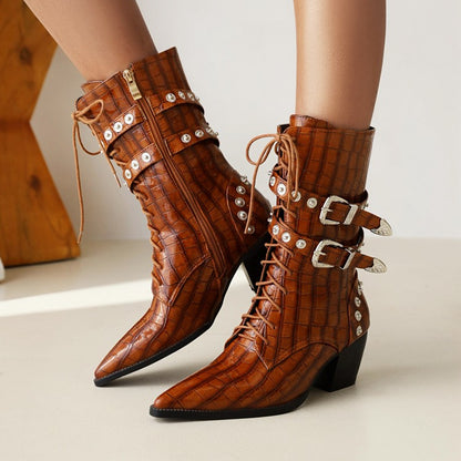 Crocodile Pattern Pointed Toe Rivets Block Heel Mid Calf Boots for Women