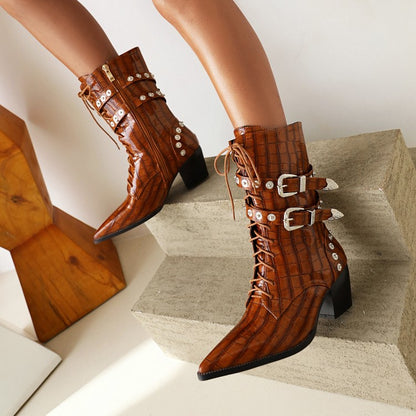 Crocodile Pattern Pointed Toe Rivets Block Heel Mid Calf Boots for Women