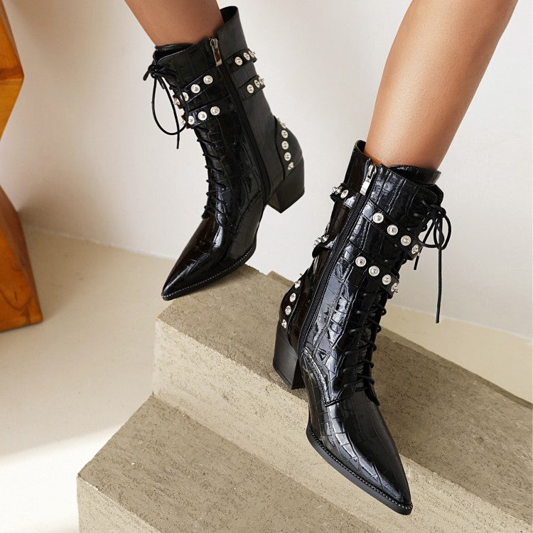 Crocodile Pattern Pointed Toe Rivets Block Heel Mid Calf Boots for Women