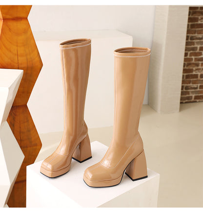 Glossy Square Toe Chunky Heel Platform Knee-High Boots for Women