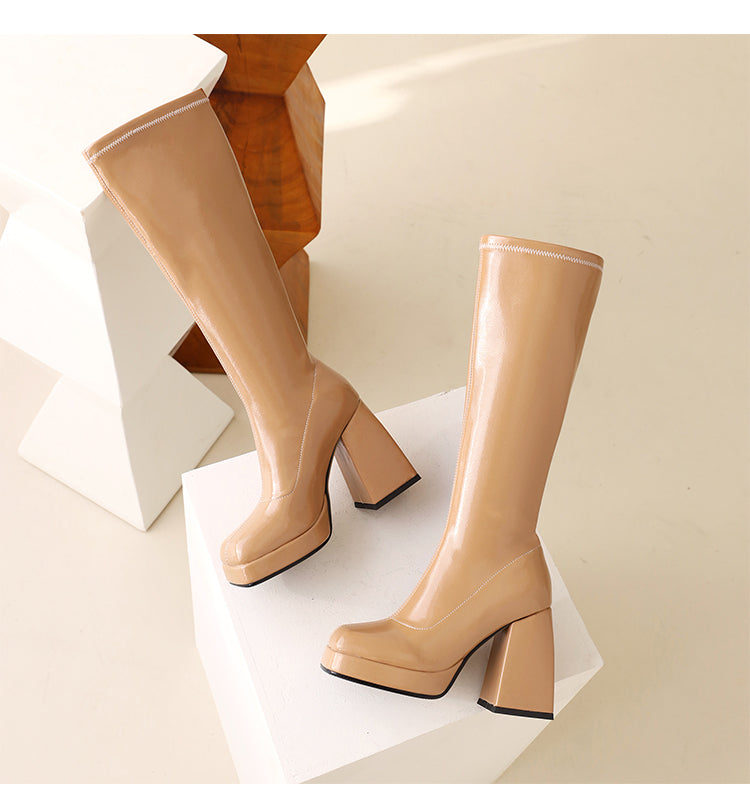 Glossy Square Toe Chunky Heel Platform Knee-High Boots for Women