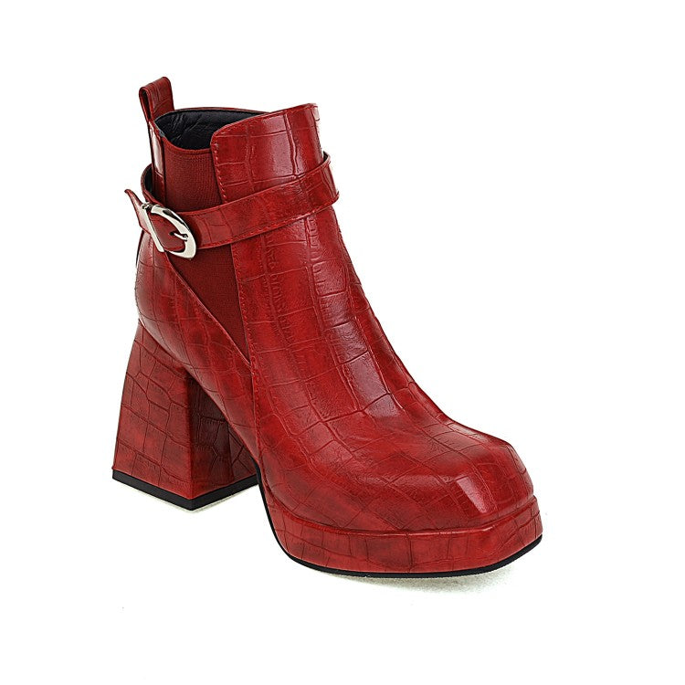 Ladies Pattern Pu Leather Belts Buckles Block Heel Platform Short Boots