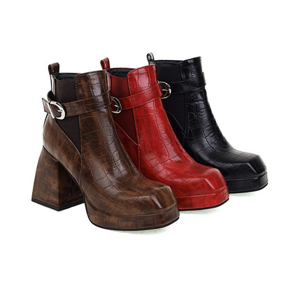 Ladies Pattern Pu Leather Belts Buckles Block Heel Platform Short Boots