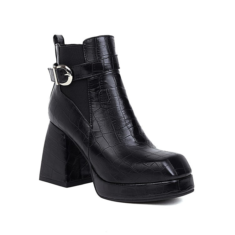 Ladies Pattern Pu Leather Belts Buckles Block Heel Platform Short Boots