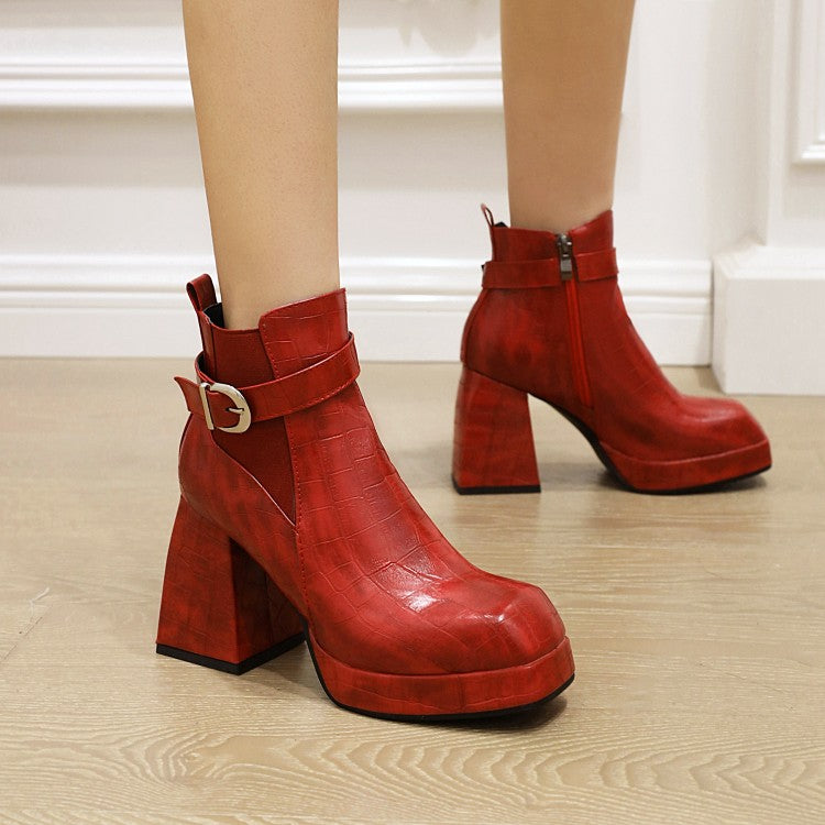 Ladies Pattern Pu Leather Belts Buckles Block Heel Platform Short Boots