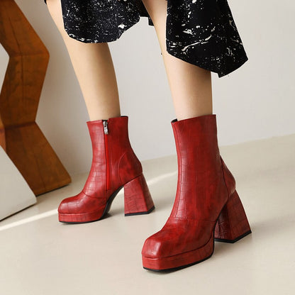 Ladies Pattern Pu Leather Square Toe Side Zippers Block Heel Platform Short Boots