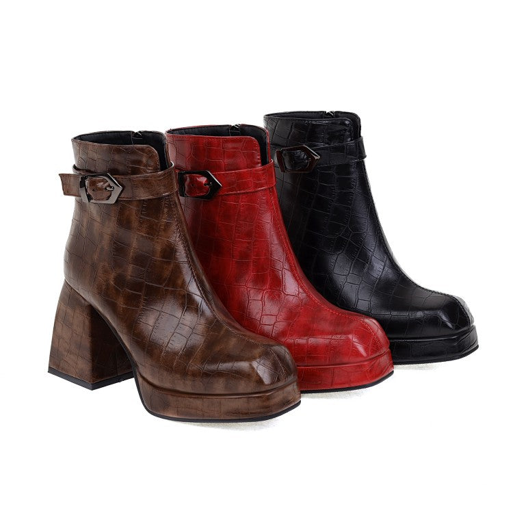 Ladies Pattern Pu Leather Square Toe Buckles Belts Block Heel Platform Short Boots