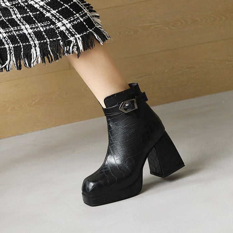 Ladies Pattern Pu Leather Square Toe Buckles Belts Block Heel Platform Short Boots